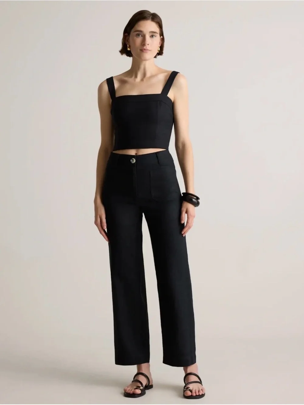 Quince 100% European Linen Patch Pocket Wide Leg Pants size 6 Black Minimal